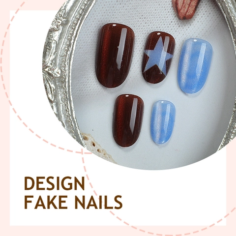 Short Oval Press On Nails Glossy Cat Eye Effect Star Pattern Artificial Fake Nails For Women Manicure