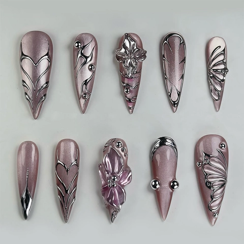 Press On Nails 3D Cat Eye Long Stiletto False Nails Silver Metallic Butterfly Heart Design For Women Fashion