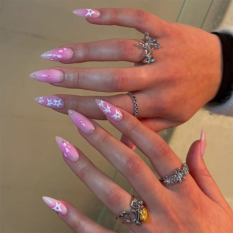 Unghie Finte Sfumatura Rosa Motivo Stelle Strass Lunga Forma Mandorla Kit Unghie Per Donne Arte Della Manicure
