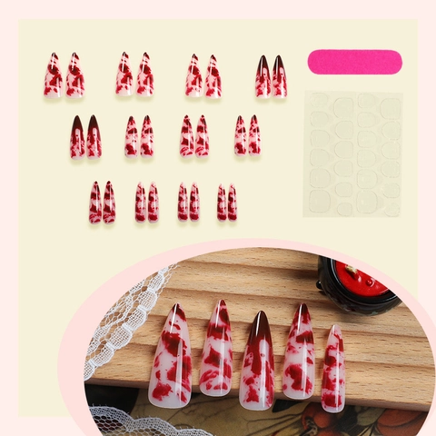 Halloween Stiletto Aufklebe Nägel Lang Spitz Blut Spritzer Design Horror Thema Künstliche Falsche Nägel Maniküre Zubehör