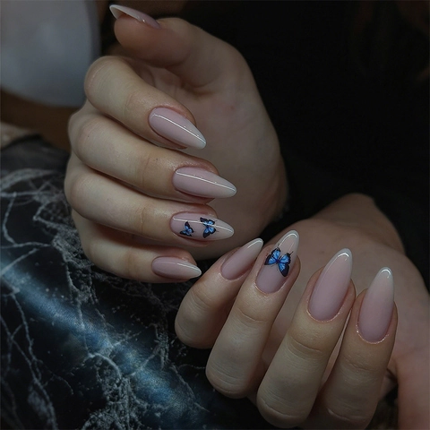 Press On Nails Mandorla Lunga Motivo Farfalla Sfumato Rosa Nude Stile Francese Unghie Finte Accessorio Manicure