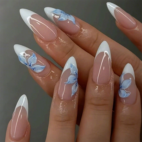 Press On Nails Mandelform Lang Französische Spitzen Blaues Blumenmuster Kunststoff Künstliche Falsche Nägel Eleganter Stil Damen