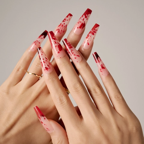 Halloween Press On Nails Lunga Forma A Bara Schizzi Di Sangue Rosso Gotico Manicure Fai Da Te Donna Unghie Finte