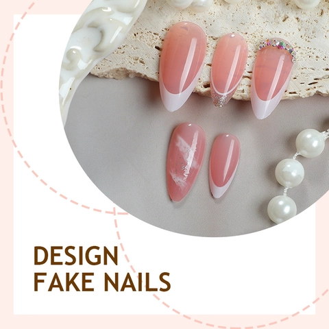 Long Almond Press On Nails White French Tip Rhinestones Glitter Marble Pattern Artificial False Tips For Women DIY Manicure