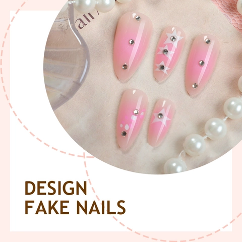 Unghie Finte Sfumatura Rosa Motivo Stelle Strass Lunga Forma Mandorla Kit Unghie Per Donne Arte Della Manicure