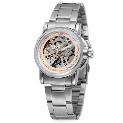 Orologio Automatico Meccanico Da Donna Quadrante Scheletro Cinturino In Acciaio Inossidabile Strass Moda Lusso Casual