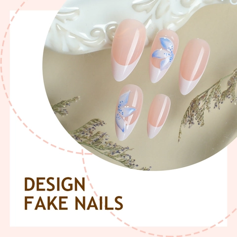 Press On Nails Mandelform Lang Französische Spitzen Blaues Blumenmuster Kunststoff Künstliche Falsche Nägel Eleganter Stil Damen