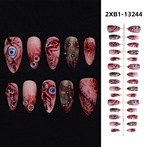 Halloween Press On Nails Almond Long Artificial Nails With 3D Eyeball Splatter Blood Stitches Metal Ring Gothic Style