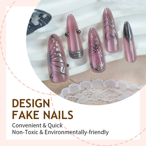 Press On Nails 3D Cat Eye Long Stiletto False Nails Silver Metallic Butterfly Heart Design For Women Fashion