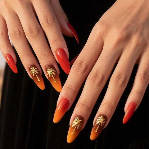 Zonsondergang Oranje Gradiënt Kunstnagels Lange Stiletto Glanzende Valse Nagels Gouden Palmboom Patroon Zomer Tropisch Strand