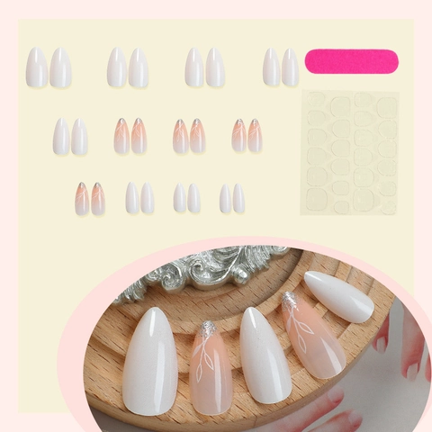 Unghie Finte A Mandorla French Press On Con Motivo A Foglie Sfumatura Rosa Bianco Glitter Lucide Per Donne