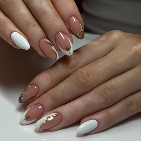 French Almond Press On Nails Contrast Color Glossy Fake Nails With Gold Line Star Patterns And Nail File Adhesive Tabs
