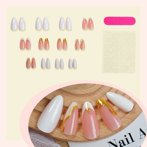 French Almond Press On Nails Contrast Color Glossy Fake Nails With Gold Line Star Patterns And Nail File Adhesive Tabs