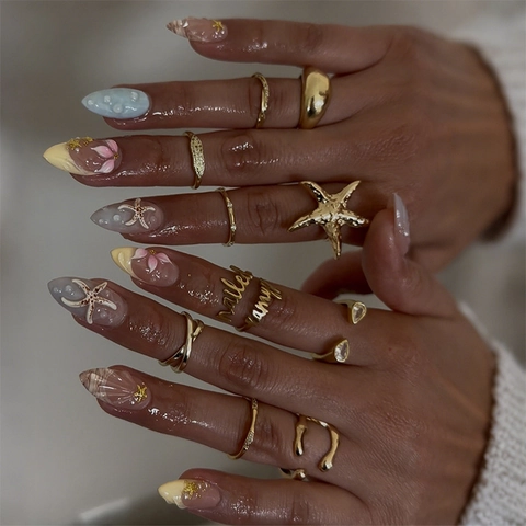 Handmade 3D Ocean Starfish Shell Flowers Press On Nails Elegant Summer Theme Fake Nails With Artificial Pearls Long Oval Shape