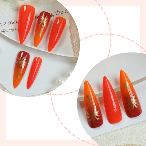 Zonsondergang Oranje Gradiënt Kunstnagels Lange Stiletto Glanzende Valse Nagels Gouden Palmboom Patroon Zomer Tropisch Strand
