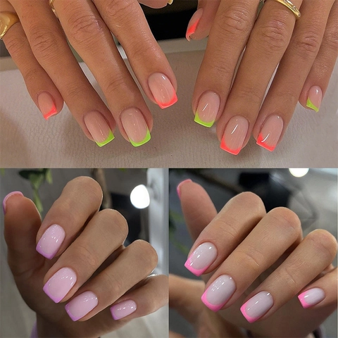 Unghie Finte French Press On Corte Quadrate Base Nude Punte Colorate Manicure Fai Da Te Semplice Per Donne