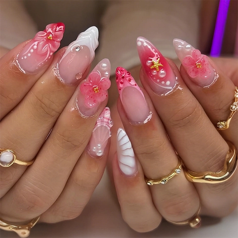 Press On Nails 3D Reliëf Bloemen Kunstparels Zeester Roze Verloop Handgemaakte Stijl Frans Ins Kunstnagels Voor Vrouwen