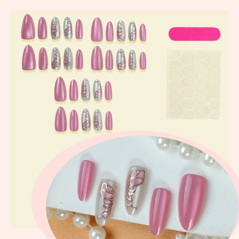 Press On Nails Almond Cat Eye With 3D Butterfly Glitter Design Pink Silver Artificial False Nails For Women