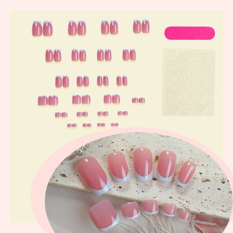 Unghie Finte Francesi Per Mani E Piedi Rosa Bianco Quadrato Lucido Rimovibile Donne