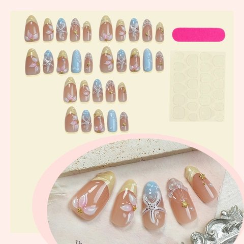 Handmade 3D Ocean Starfish Shell Flowers Press On Nails Elegant Summer Theme Fake Nails With Artificial Pearls Long Oval Shape
