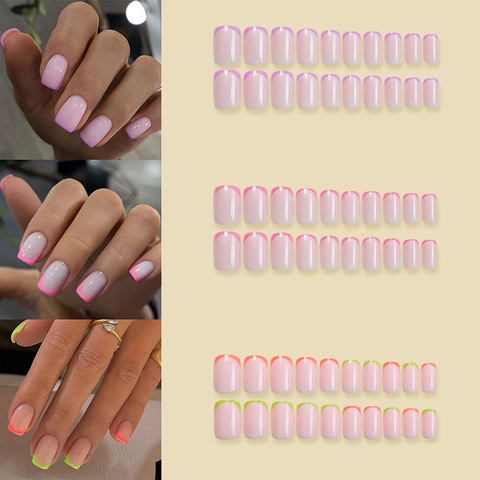 Unghie Finte French Press On Corte Quadrate Base Nude Punte Colorate Manicure Fai Da Te Semplice Per Donne
