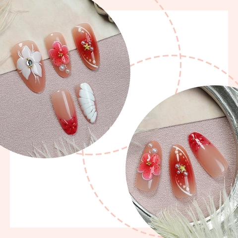 Press On Nails 3D Reliëf Bloemen Kunstparels Zeester Roze Verloop Handgemaakte Stijl Frans Ins Kunstnagels Voor Vrouwen