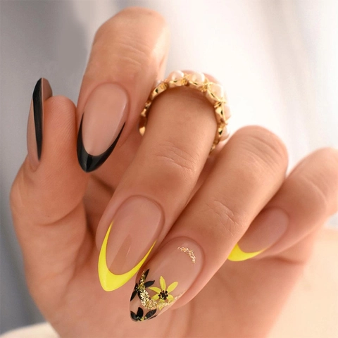 Press On Nails Almond Shape Yellow French Tip Floral Leaf Pattern Removable Glossy False Nails For Women
