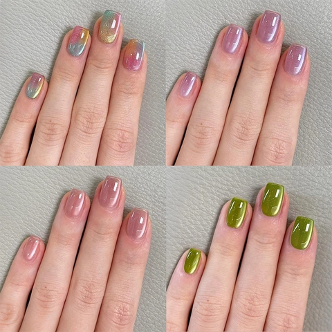 Short Square Press On Nails Glitter French Style Cat Eye Shimmer DIY Manicure Artificial False Nails Elegant