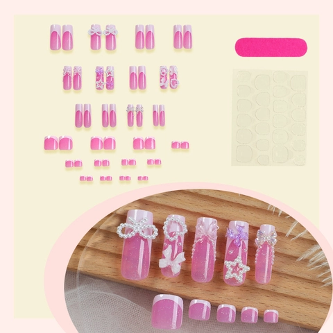 French Tip Pink Gradient Press On Fingernails And Toenails With 3D Artificial Pearl Heart Star Bowknot Decorations Long Square Fake Nails Women