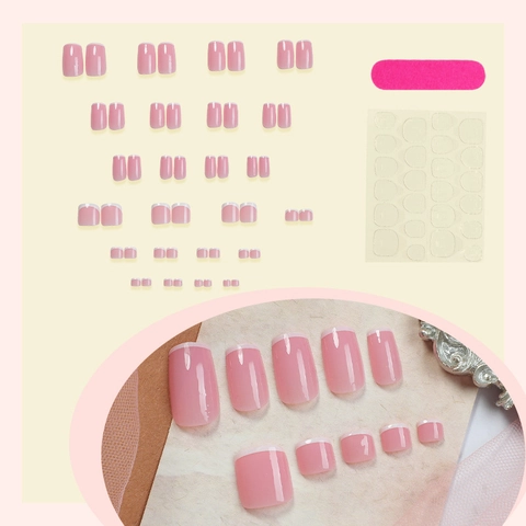 French Tip Press On Nails Kit Pink White Medium Length Artificial Fake Nails With Adhesive Tabs And File For Women