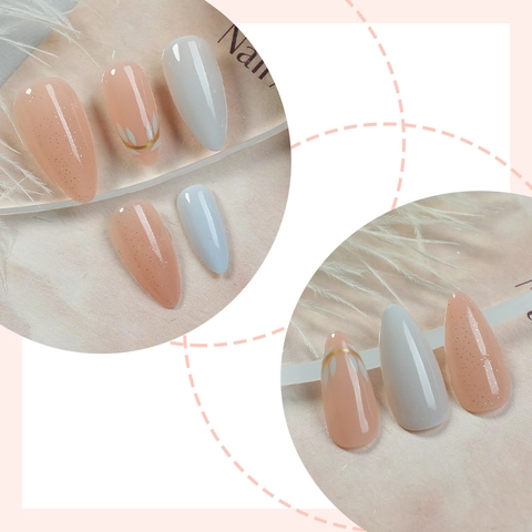 Faux Ongles Press On Forme Amande Lignes Françaises Motif Floral Blanc Mat Paillettes Ongles Artificiels Femmes