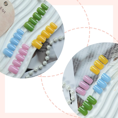 Press On Nails French Style Simple Solid Color Glossy Short Square False Nails With Adhesive Tabs And Nail File For Women