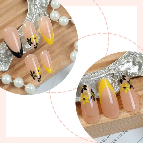 Press On Nails Almond Shape Yellow French Tip Floral Leaf Pattern Removable Glossy False Nails For Women