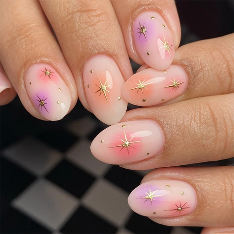 Press On Nails Short Oval Pink Purple Gradient Golden Star Pattern False Nails With Adhesive Tabs And Nail File For Women