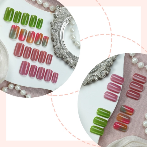 Short Square Press On Nails Glitter French Style Cat Eye Shimmer DIY Manicure Artificial False Nails Elegant