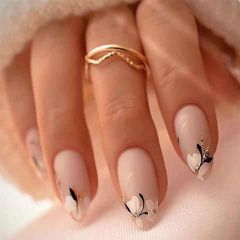 Mandelform Aufdrucknägel Rosa Nude Blumentulpenmuster Glitzer Französischer Stil Künstliche Nägel DIY Maniküre Für Frauen