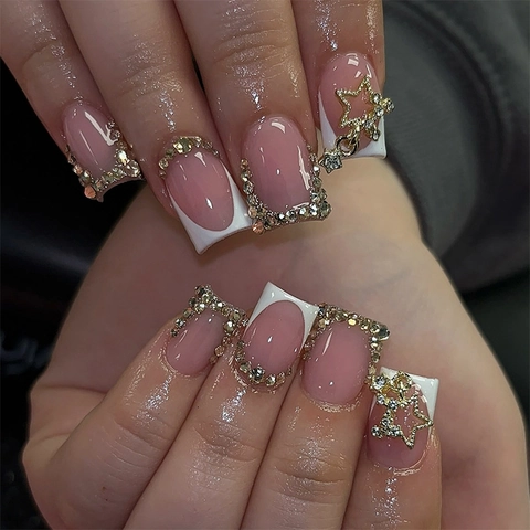 French White Tip Press On Nails Short Square Nude Pink Artificial Nails Rhinestone Chain Star Charm Manicure For Women