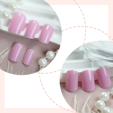 French Style Press On Nails Solid Pink Glossy Finish Short Square Round False Nails With Adhesive Tabs For Women