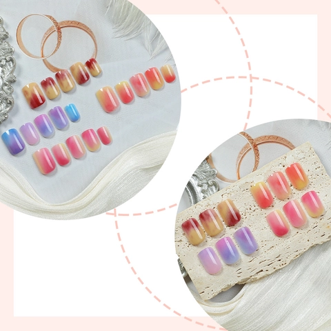 French Gradient Fruit Color Press On Nails Marble Pattern Glossy Jelly Texture Fake Nails For Women Manicure Beauty