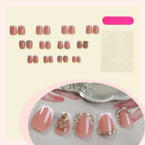 French White Tip Press On Nails Short Square Nude Pink Artificial Nails Rhinestone Chain Star Charm Manicure For Women