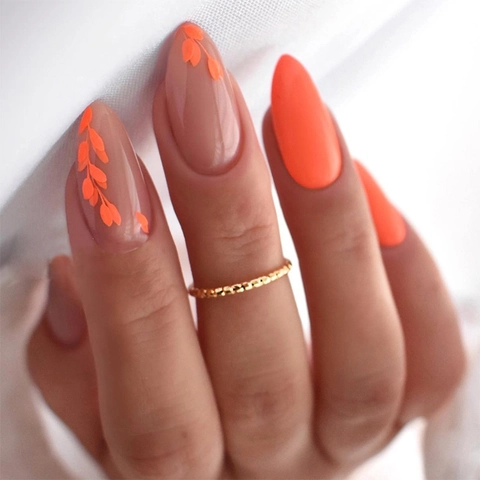 Unghie Finte Press On Stile Francese Forma Mandorla Motivo Foglie Arancioni Rosa Nudo Manicure Elegante Per Donne