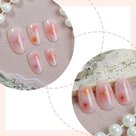 Press On Nails Short Oval Pink Purple Gradient Golden Star Pattern False Nails With Adhesive Tabs And Nail File For Women