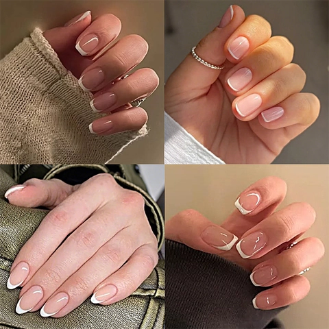 Unghie Press On French Tip Lucido Nude Rosa Bianco Molteplici Forme Punte Per Unghie Finte Rimovibili Per Donne Quotidiano