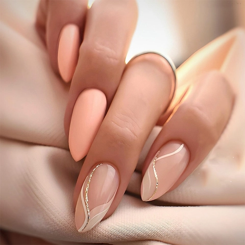 Almond Press On Nails Color Block French Style Glitter Lines Elegant Artificial Nails With Nail File And Adhesive Tabs