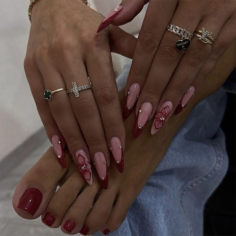 Press On Nails Hand Foot 3D Flower Rhinestone Red Pink French Tip Stiletto Square Shape Elegant Manicure For Women