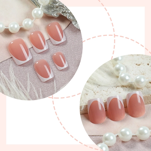French Tip Press On Nails Kurz Quadratisch Nude Pink Und Weiß Glänzend Elegant DIY Maniküre Für Damen