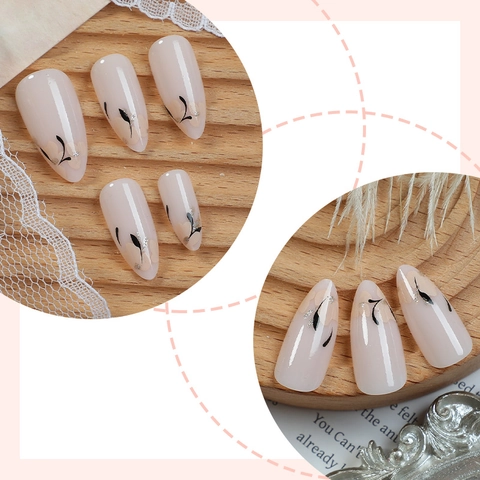 Mandelform Aufdrucknägel Rosa Nude Blumentulpenmuster Glitzer Französischer Stil Künstliche Nägel DIY Maniküre Für Frauen