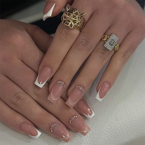 French Press On Nails With Rhinestones Gradient Nude Pink White Medium Long Square False Nails Women DIY Manicure