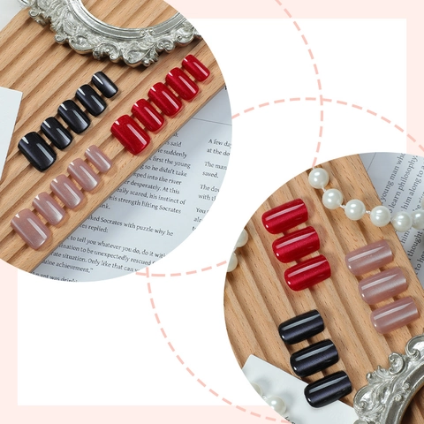 Press On Nails Short Square Cat Eye Magnetic Fake Nails Glitter Glossy Finish Detachable Plastic Manicure For Women