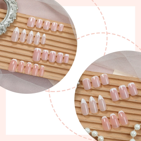 Unghie Press On French Tip Lucido Nude Rosa Bianco Molteplici Forme Punte Per Unghie Finte Rimovibili Per Donne Quotidiano